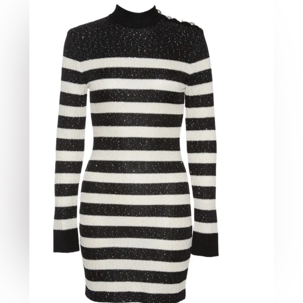 Balmain Glittering Black and White Striped Turtleneck Sweater